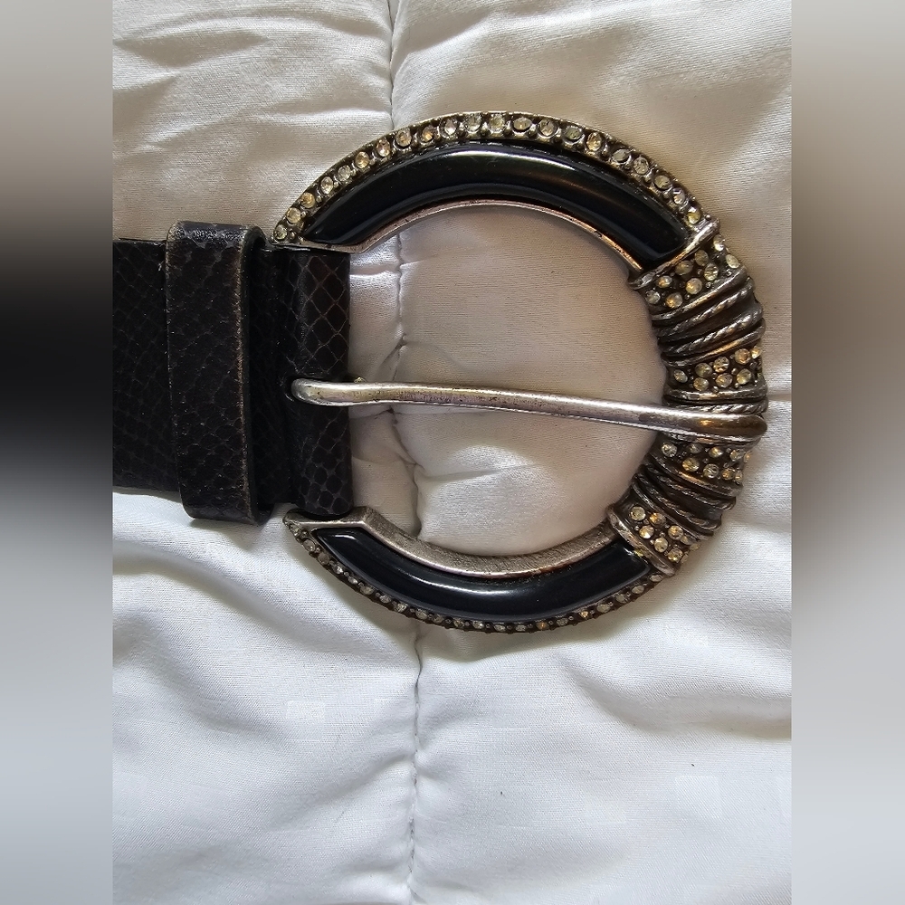 Chicos LeatherTextured Belt with Silver Rhinestone Buckle Bling - Picture 5 of 9